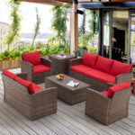 7-Person Rattan Patio Furniture Set with 2 Storage Boxes – Red