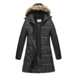 Haute Edition® Women’s Mid-Length Puffer Parka Coat with Faux Fur-Lined Hood – Medium – Black