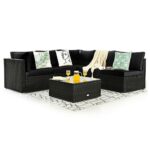 6-Piece Rattan Patio Furniture Set with Glass Top Table – Black
