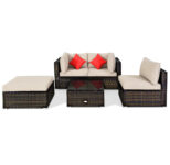 Rattan 5-Piece Outdoor Sofa Set with Glass Top Table – Off White