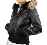 Women’s Faux Leather Motorcycle Jacket with Hood – Black – S