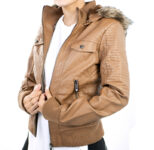 Women’s Faux Leather Motorcycle Jacket with Hood – Brown – XS
