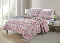 Bibb Home® 3-Piece Printed Reversible Quilt Set – King – Grey Red Floral