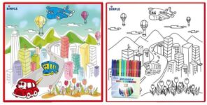 Kids’ Washable Coloring Mat with 12 Washable Markers – City Life 19.5”x19.5”