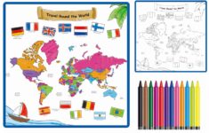 Kids’ Washable Coloring Mat with 12 Washable Markers – World Map 19.5”x19.5”