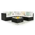 6-Piece Rattan Patio Furniture Set with Glass Top Table – White