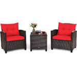3-Piece Rattan Patio Furniture Set with Large Cushions – Red