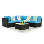 6-Piece Rattan Patio Furniture Set with Glass Top Table – Turquoise