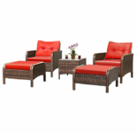 Rattan 5-Piece Patio Furniture Set with Chairs, Ottomans and Table – Red