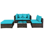 Rattan 5-Piece Outdoor Sofa Set with Glass Top Table – Turquoise