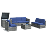 8-Piece Wicker Sofa Rattan Dining Set Patio Furniture with Storage Table – Navy