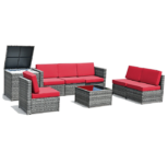 8-Piece Wicker Sofa Rattan Dining Set Patio Furniture with Storage Table – Red