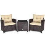 3-Piece Rattan Patio Furniture Set with Large Cushions – Beige
