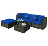 Rattan 5-Piece Outdoor Sofa Set with Glass Top Table – Navy
