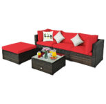 Rattan 5-Piece Outdoor Sofa Set with Glass Top Table – Red