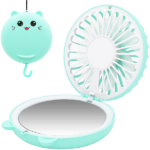 Lucky Cat Portable Personal Fan and Handheld Make Up Mirror – Green