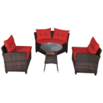 Rattan 4-Piece Patio Furniture Set with Round Sofa Table – Red