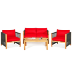 4-Piece Wooden Patio Furniture Set with Rope Armrests – Red