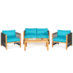4-Piece Wooden Patio Furniture Set with Rope Armrests – Turquoise