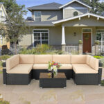 Rattan 7-Piece Patio Sofa Set with Glass Top Table