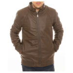 Men’s Bomber Fleece-Lined Faux Leather Jacket – Brown – L