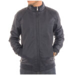 Men’s Bomber Fleece-Lined Faux Leather Jacket – Navy – L