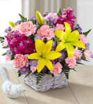Bright Lights Bouquet with Lavender Basket