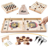 3-in-1 Foldable Wooden Board Game with Sling Puck, Nine Men’s Morris, and Checkers