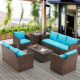 7-Person Rattan Patio Furniture Set with 2 Storage Boxes – Blue