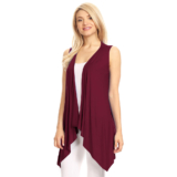 Women’s Lightweight Sleeveless Solid Open-Front Drape Vest Cardigan – Wine – Large