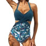Women’s Tankini Monokini Swimsuit with Side Cutouts – BLUE FLORAL / L