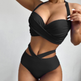 Women’s Ruched Bikini Top with Cutout High Waist Bottoms – BLACK / XL
