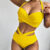 Women’s Ruched Bikini Top with Cutout High Waist Bottoms – YELLOW / S