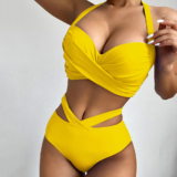 Women’s Ruched Bikini Top with Cutout High Waist Bottoms – YELLOW / M