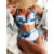 Women’s Ruched Bikini Top with Cutout High Waist Bottoms – BLUE MARBLE / S