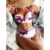 Women’s Ruched Bikini Top with Cutout High Waist Bottoms – RED MARBLE / S