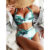 Women’s Ruched Bikini Top with Cutout High Waist Bottoms – GREEN MARBLE / XXL