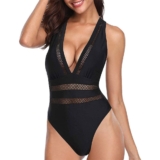 Women’s V-Neck One-Piece Swimsuit with Mesh Cutouts – Small – Black