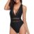 Women’s V-Neck One-Piece Swimsuit with Mesh Cutouts – Small – Black