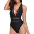 Women’s V-Neck One-Piece Swimsuit with Mesh Cutouts – Large – Black