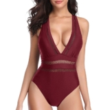 Women’s V-Neck One-Piece Swimsuit with Mesh Cutouts – Medium – Wine