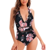 Women’s V-Neck One-Piece Swimsuit with Mesh Cutouts – 2X-Large – Pink Floral