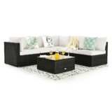 6-Piece Rattan Patio Furniture Set with Glass Top Table – White