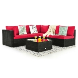 6-Piece Rattan Patio Furniture Set with Glass Top Table – Red