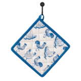 Colorful Cloth Pot Holder – #4 – Blue & White Chickens