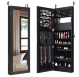 LED Light Mirror Jewelry Cabinet, Wall- or Door-Mounted  – Black