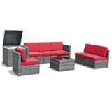 8-Piece Wicker Sofa Rattan Dining Set Patio Furniture with Storage Table – Red