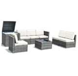 8-Piece Wicker Sofa Rattan Dining Set Patio Furniture with Storage Table – White