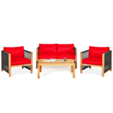 4-Piece Wooden Patio Furniture Set with Rope Armrests – Red