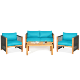 4-Piece Wooden Patio Furniture Set with Rope Armrests – Turquoise